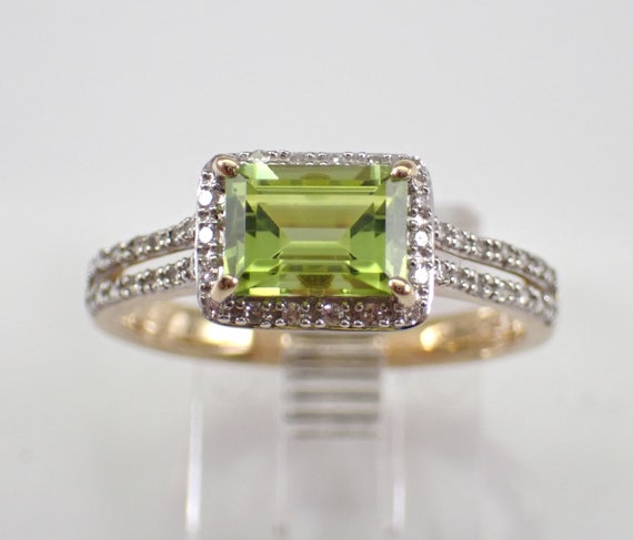 Genuine Peridot Engagement Ring, Yellow Gold Diamond Halo Setting, Green Emerald Cut Gemstone, August Birthstone Gift