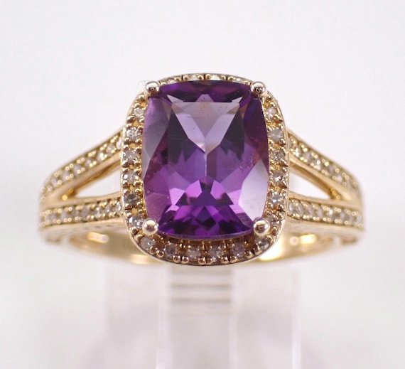 Yellow Gold Amethyst Engagement Ring - Rectangular Diamond Halo Setting - Unique Bridal Gemstone Fine Jewelry Gift