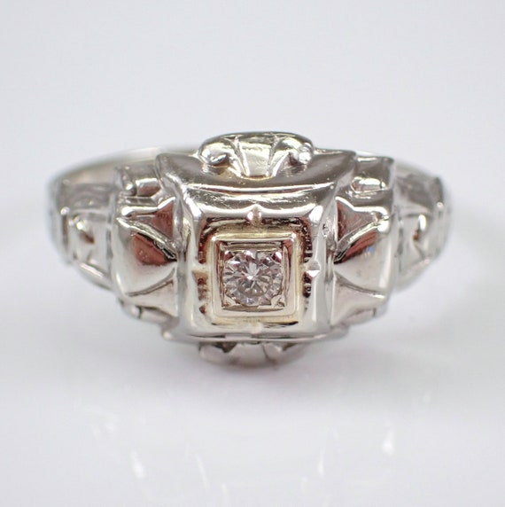 30s Antique Diamond Pinky Ring - Vintage 14K White Gold Band - Genuine Petite Bridal Engagement Promise Gift