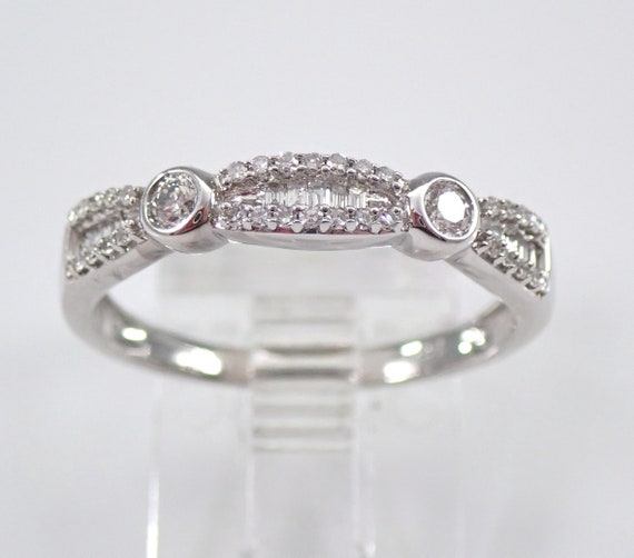 14K White Gold Diamond Wedding Ring - Stacking Baguette and Round Anniversary Band - GalaxyGems Bridal Jewelry Gift