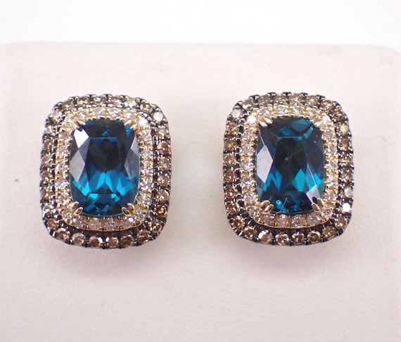 14K Yellow Gold Blue Topaz Stud Earrings: Cognac Diamond Halo Studs