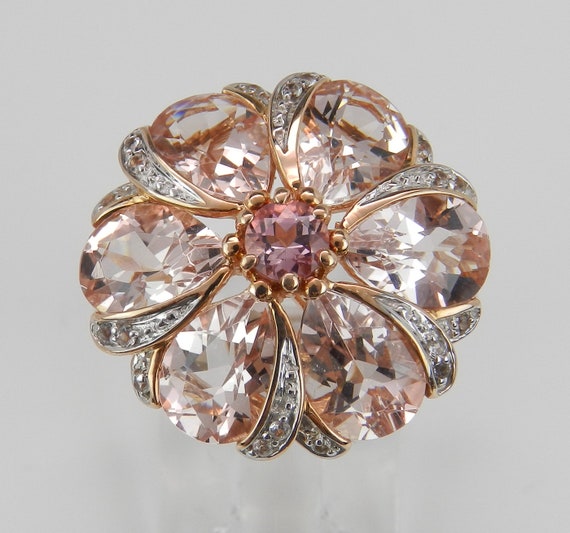 14K Rose Gold Morganite Ring - Diamond and Pink Tourmaline Flower Cluster - Unique Gemstone Cocktail Jewelry
