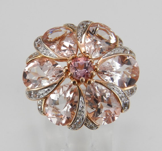 14K Rose Gold Diamond Pink Tourmaline Morganite Flower Cluster Ring Size 6.75