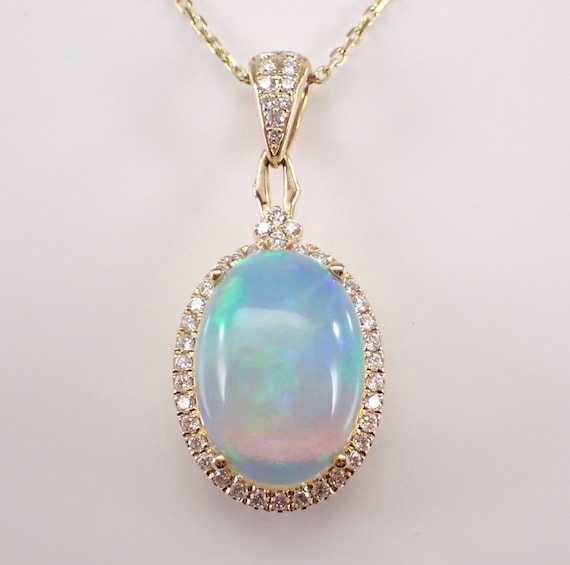 Opal and Diamond Pendant Necklace - 14K Yellow Gold Choker with 18 inch Chain - October Birthstone Jewelry Gift