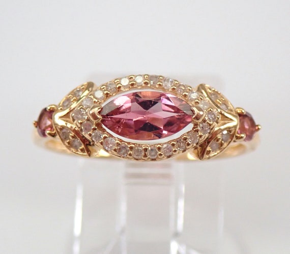 14K Yellow Gold Pink Tourmaline and Diamond Engagement Ring Size 7.25 Marquise
