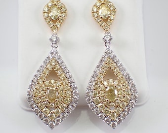 Canary Yellow Diamond Earrings - Solid 18K White and Yellow Gold Fancy Dangles - Unique Fine Jewelry Gift