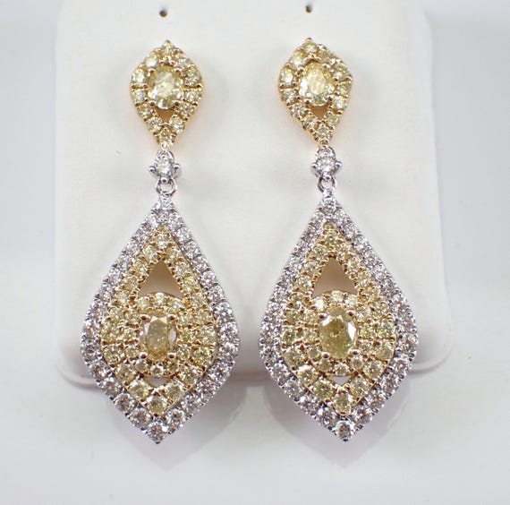 Canary Yellow Diamond Earrings - Solid 18K White and Yellow Gold Fancy Dangles - Unique Fine Jewelry Gift