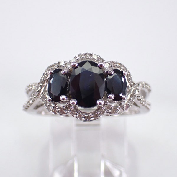 Sapphire and Diamond Engagement Ring, White Gold Gemstone Three Stone Anniversary Band, September Birthstone Jewelry Gift