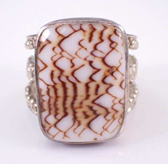 Vintage Sajen Sterling Silver Ring - Large Shell Gemstone Adjustable Band - Estate Designer Jewelry