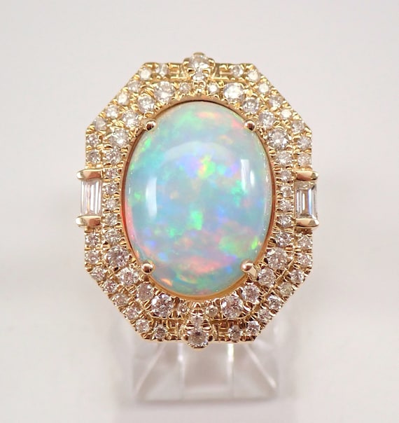 14K Yellow Gold Opal and Diamond Ring - Large Baguette and Round Statement Setting - Colorful Gemstone Fine Jewelry Gift