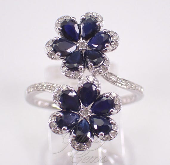 14K White Gold Sapphire and Diamond Flower Ring: Diamond Cluster Crossover Bypass Band