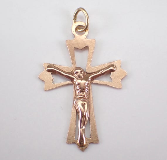 14K Rose Gold Crucifix Pendant, Religious Cross Charm for Necklace or Bracelet, 60s Vintage Jewelry Gift