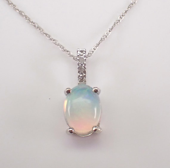 White Gold Opal and Diamond Necklace: Dainty Charm Choker Pendant Chain