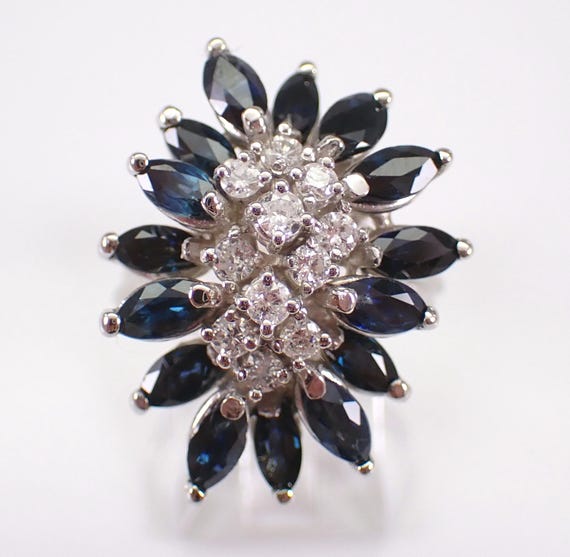 14K White Gold Sapphire Cluster Ring - Vintage Diamond Ballerina Setting - Unique Estate Fine Jewelry Gemstone Gift