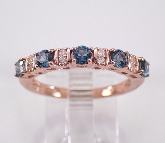 London Blue Topaz and Diamond Wedding Ring - Rose Gold Stackable Anniversary Band - Gemstone Fine Jewelry Gift
