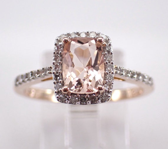 Rose Gold Morganite Engagement Ring - Cushion Shape Diamond Halo Setting - Pink Peach Gemstone Jewelry Gift