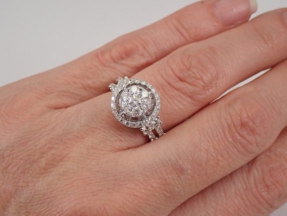 Floating Diamond Cluster Ring - 18K White Gold Fine Jewelry - Double Halo Bridal Engagement Gift