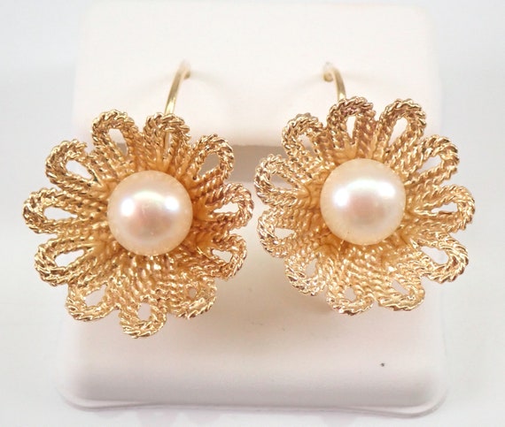 Vintage 14K Yellow Gold Pearl Earrings - 70s Estate Flower Jewelry Motif - June Birthstone Gemstone