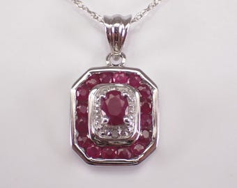 14K White Gold Ruby and Diamond Pendant and Chain: Dainty Vintage Style Gemstone Charm Necklace