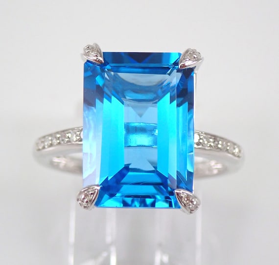 Large Blue Topaz and Diamond Ring - 14K White Gold Gemstone Setting - Rectangular Birthstone Fine Jewelry Gift