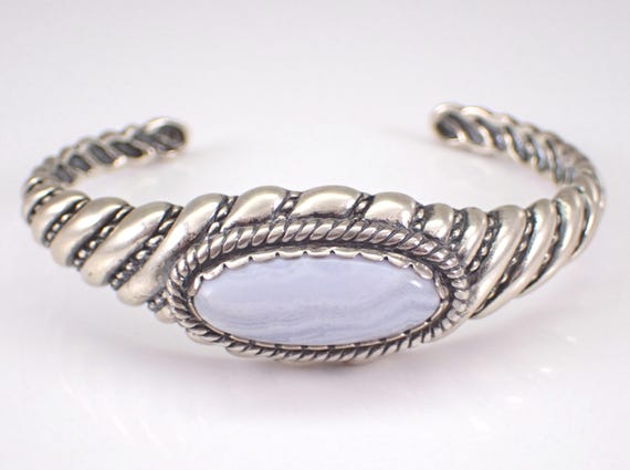 Sterling Silver Blue Lace Agate Bangle Bracelet - Vintage Carolyn Pollack Designer - Gemstone Jewelry Statement Cuff