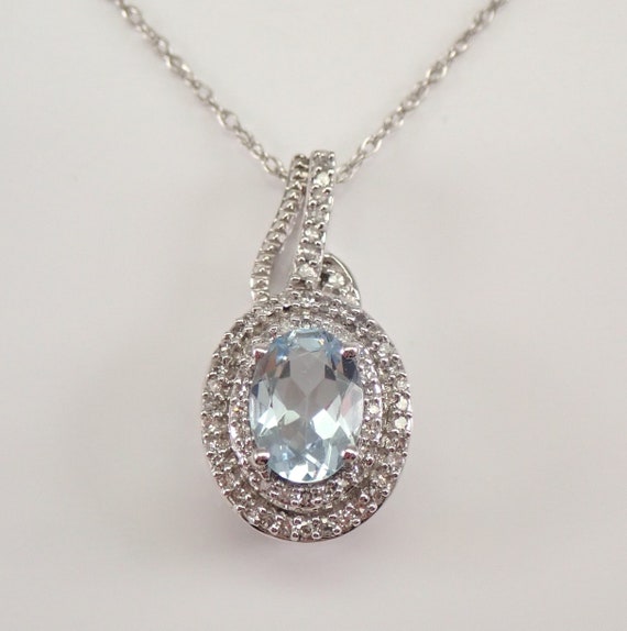 Aquamarine and Diamond Pendant and Chain - Solid White Gold Teardrop Necklace - Unique March Birthstone Jewelry Gift