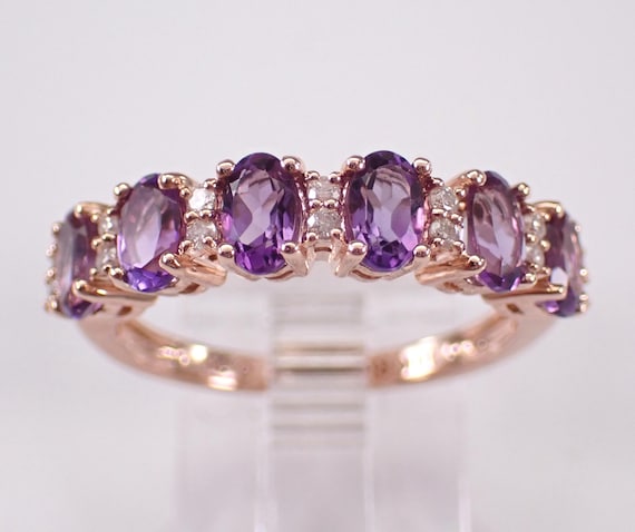 Amethyst and Diamond Wedding Ring - Rose Gold Stackable Anniversary Band - Gemstone Fine Jewelry Gift