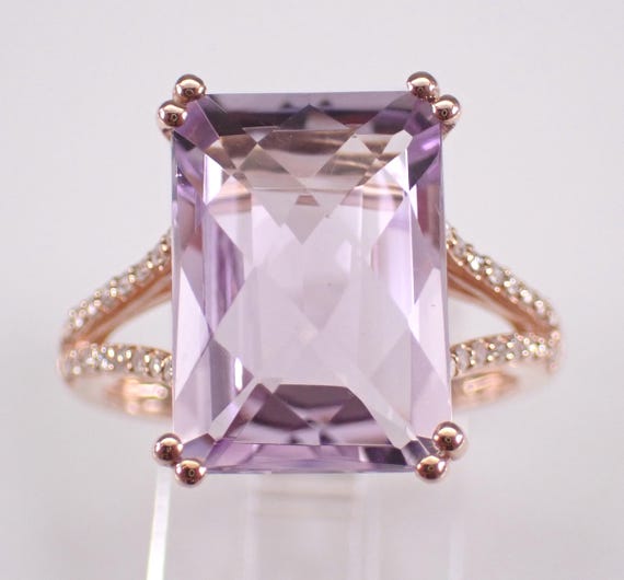 Rose Gold Amethyst and Diamond Ring - Unique Rose De France Solitaire Band - February Birthstone Fine Jewelry Gift