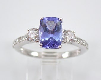 14K White Gold Diamond and Cushion Cut Tanzanite Engagement Ring Size 4.75