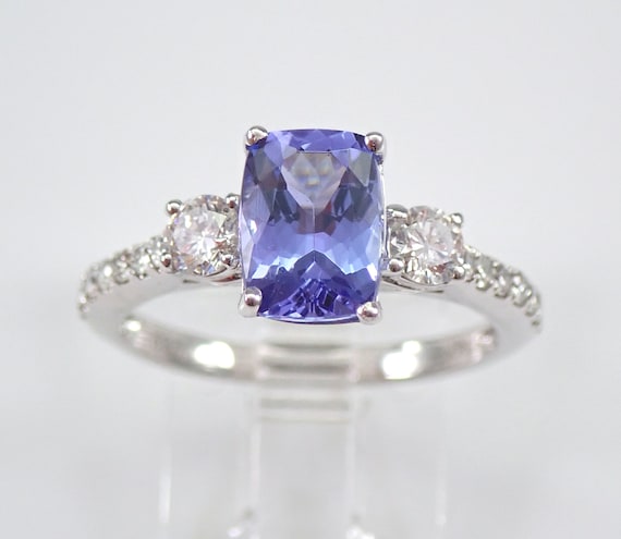 14K White Gold Diamond and Cushion Cut Tanzanite Engagement Ring Size 4.75