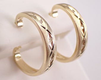 Vintage 14K Yellow Gold Diamond Hoop Earrings, Genuine Estate Dainty Medium Thin Half J Hoops