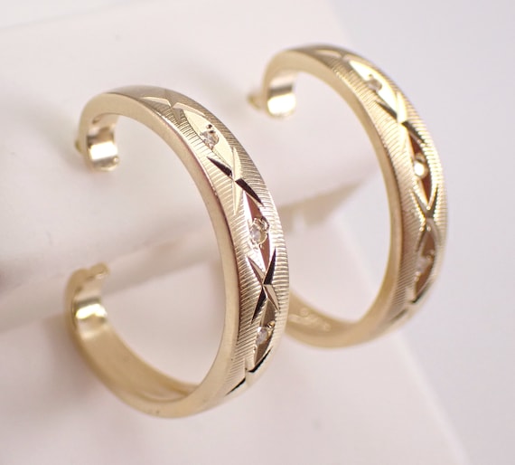 Vintage 14K Yellow Gold Diamond Hoop Earrings, Genuine Estate Dainty Medium Thin Half J Hoops