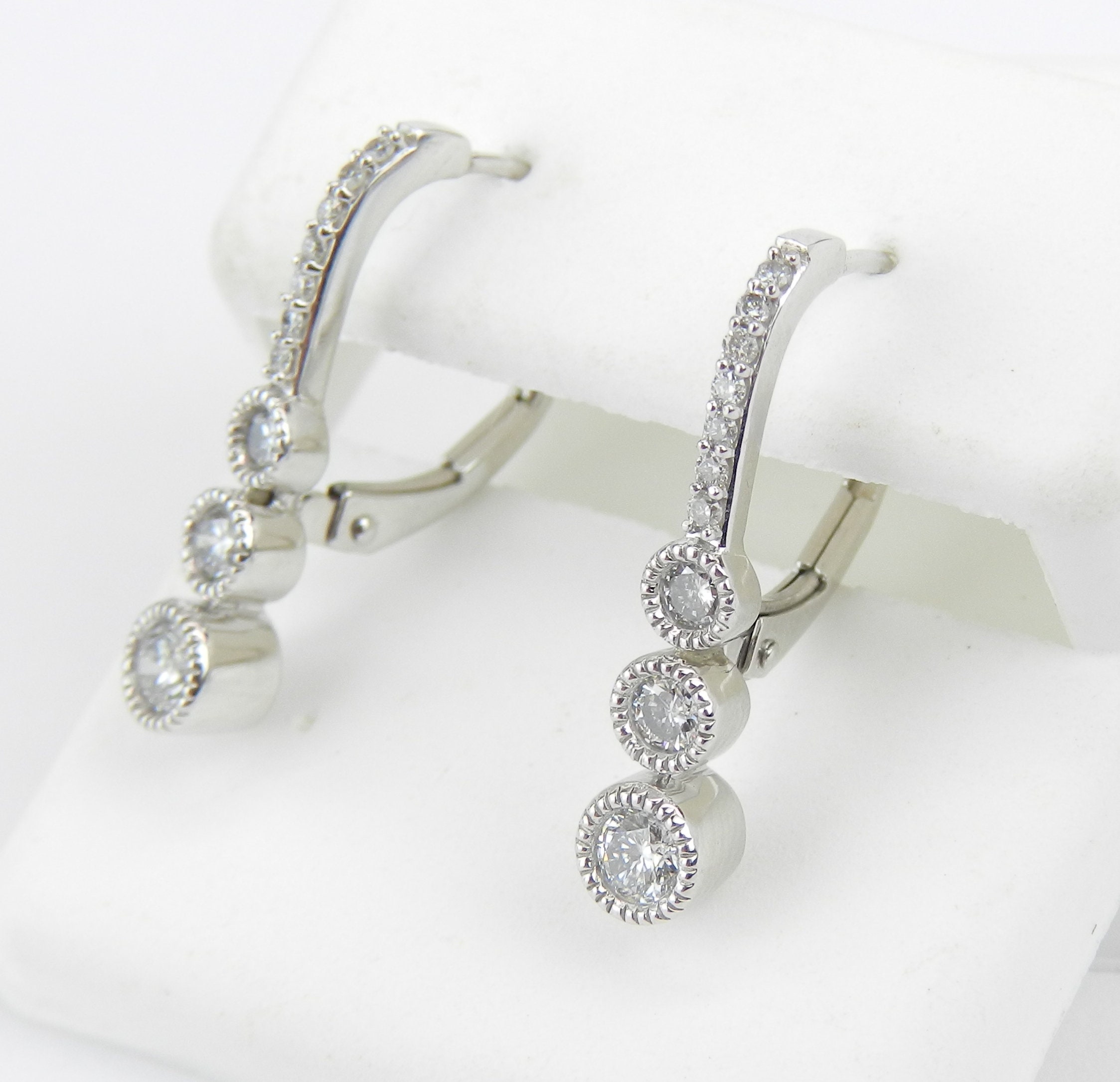 White Gold .75 ct Diamond Drop Earrings Unique Three Stone Design Leverback