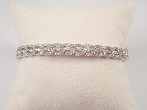 14K White Gold Diamond Bangle Bracelet - Unique Interlocking Braided Statement Jewelry - Bridal Wedding Anniversary Gift