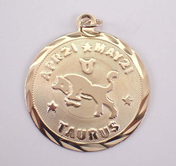 Vintage 14K Yellow Gold Taurus Zodiac Charm: Estate Astrology Star Sign Disk Pendant