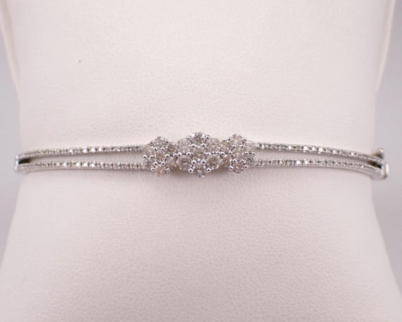 White Gold Diamond Bangle Bracelet: Dainty Three Stone Flower Cluster Cuff