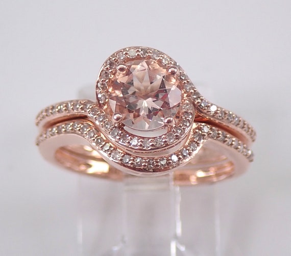 Morganite Engagement Ring and Wedding Band Set - Rose Gold Bridal Fine Jewelry