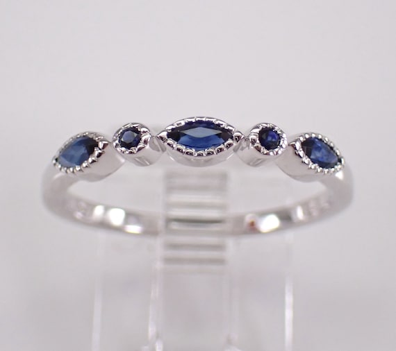 White Gold Sapphire Wedding Ring, Dainty Stackable Anniversary Band, September Gemstone Jewelry Gift