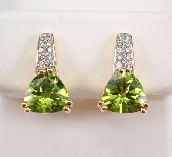 Genuine Peridot Earrings - Solid 14K Yellow Gold Diamond Setting - Trillion Gemstone - August Gemstone Gift