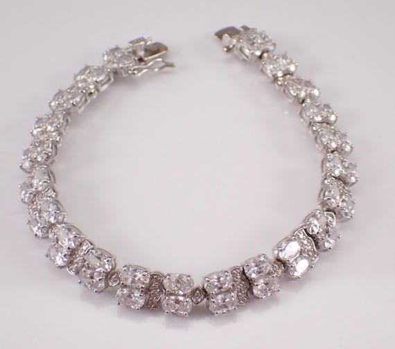 Vintage Sterling Silver Tennis Bracelet - Cubic Zirconia CZ Gemstone Link - Unique Jewelry Gift
