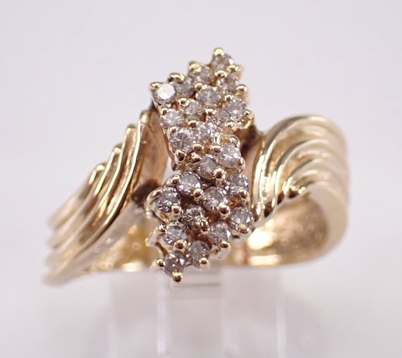 14K Yellow Gold Diamond Cluster Ring - Unique Chunky Anniversary Band - Vintage Estate Bridal Jewelry Gift