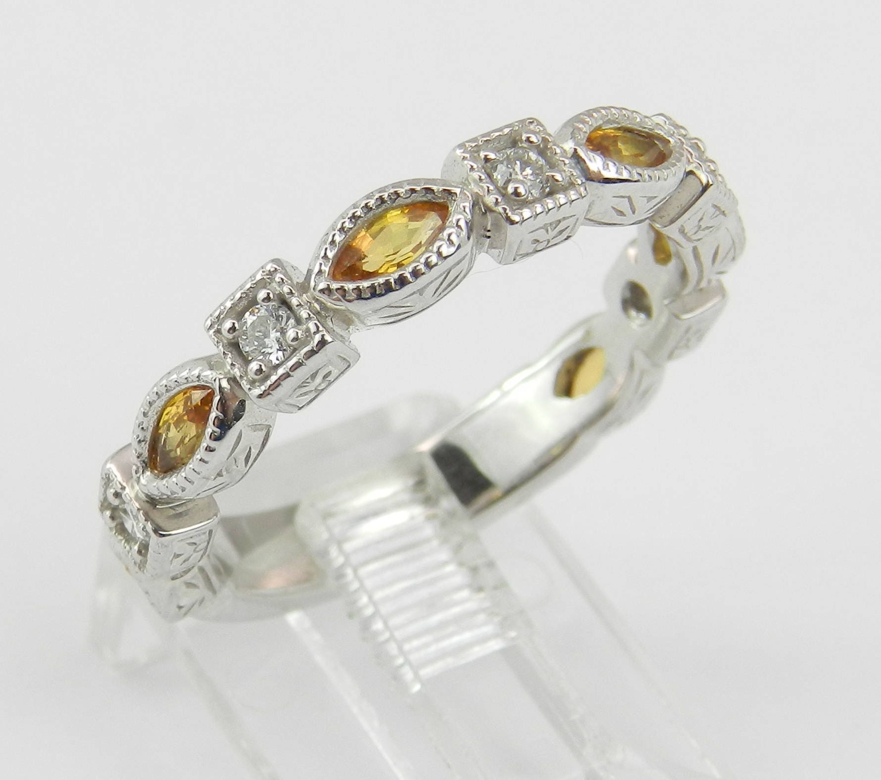 Diamond and Citrine Wedding Ring Anniversary Band 14K White Gold Size 7