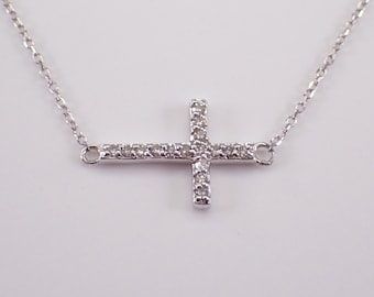 14K White Gold Sideways CROSS Necklace, Station Diamond Charm Pendant and Chain
