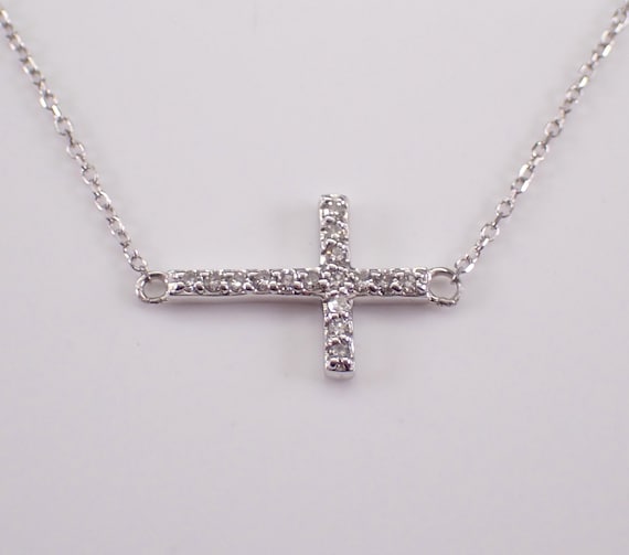14K White Gold Sideways CROSS Necklace, Station Diamond Charm Pendant and Chain