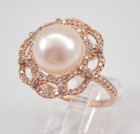 10 mm South Sea Pearl Ring,  Genuine Diamond Halo Setting, 14k Rose Gold Engagement Ring, June Birthstone Jewelry