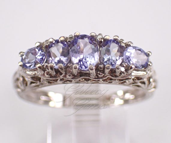 Antique 14K White Gold Tanzanite Anniversary Ring,  Dainty Filigree Stackable Wedding Band