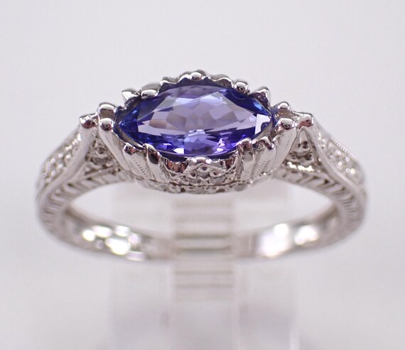 14K White Gold Tanzanite and Diamond Ring - Dainty Filigree Bridal Setting - December Birthstone Fine Jewelry Gift