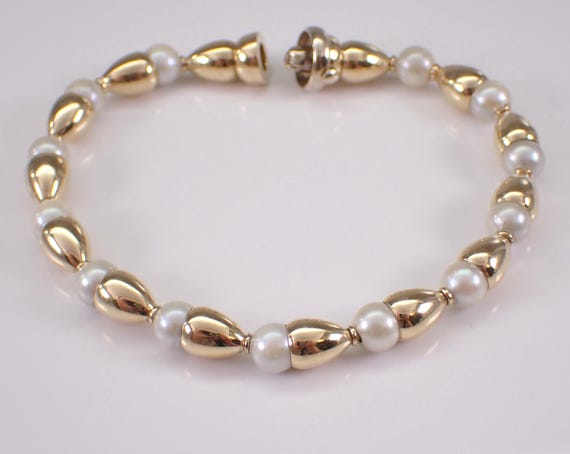 Vintage 14K Yellow Gold Pearl Bracelet - Estate Station Spacer Link - Estate Birthday Jewelry Gift