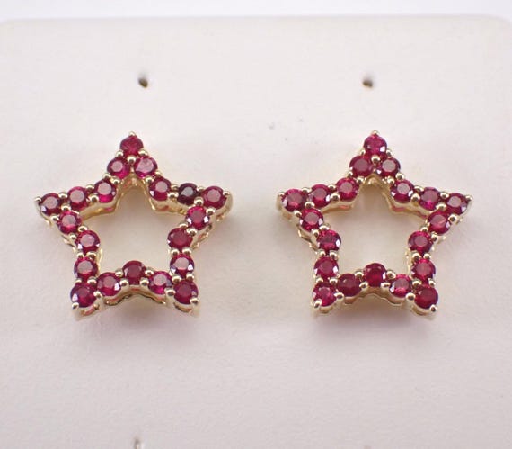 Yellow Gold Ruby Star Earrings - Dainty Gemstone Screwback Studs - Small Birthday Fine Jewelry Gift