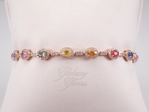 14K Rose Gold Multi Color Sapphire Bracelet: Diamond Halo Tennis Setting - Pink Blue Orange Green Gemstone